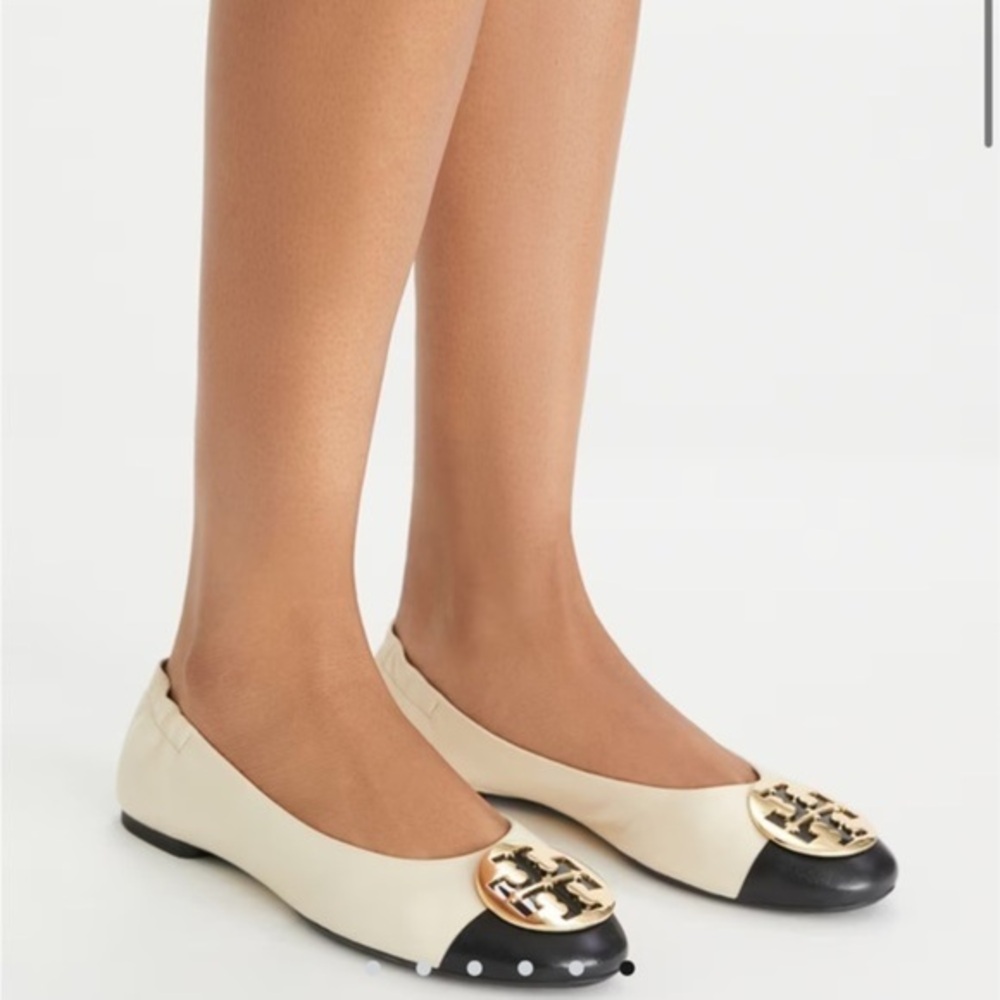 Tory Burch Claire Ballet Flat Cream and Black Loafers with Gold